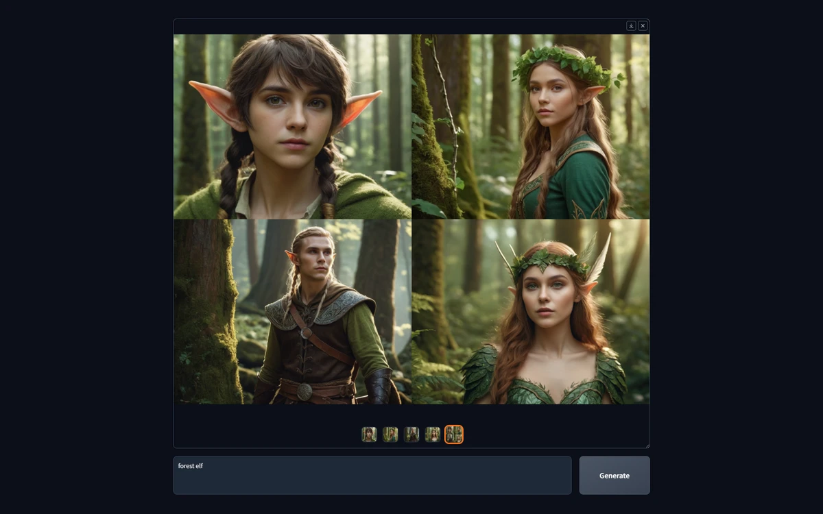 Fooocus browser interface in dark theme with a two-by-two grid of photorealistic forest elf portraits generated from the prompt forest elf