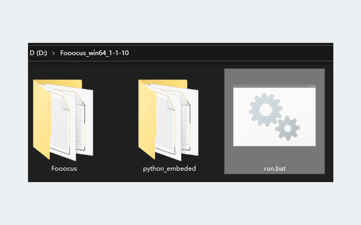 Windows Explorer showing the extracted Fooocus_win64 folder with a Fooocus folder, a python_embeded folder and run.bat