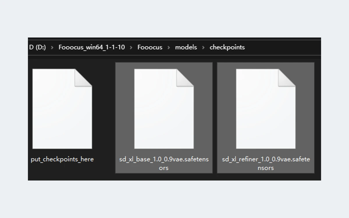 Windows Explorer view of the Fooocus models checkpoints folder containing SDXL base and refiner safetensors files