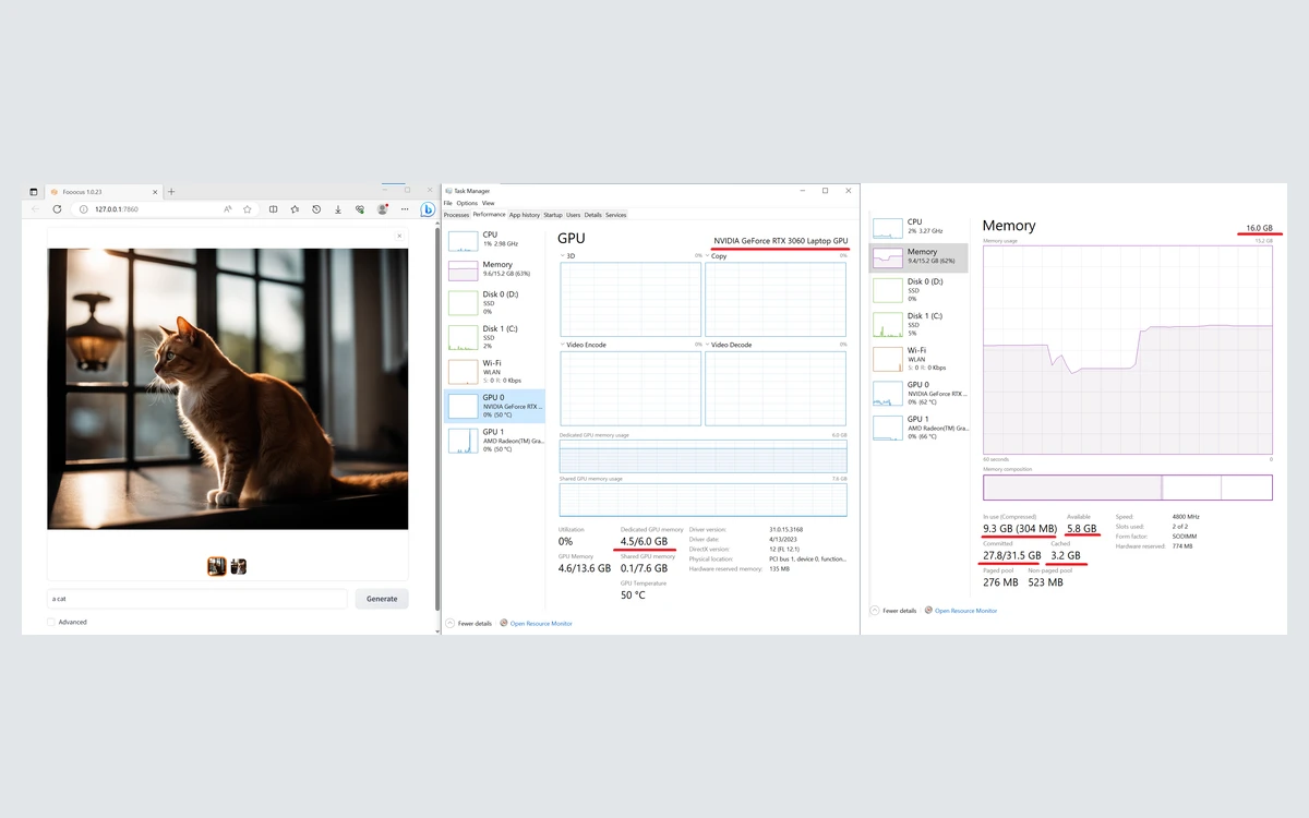 Fooocus generating an image of a cat in a browser next to Windows Task Manager showing an RTX 3060 Laptop GPU using 4.5 of 6 GB VRAM