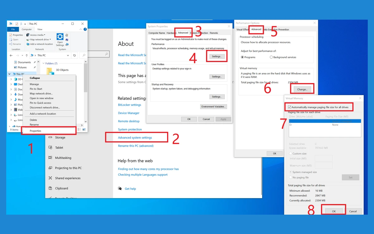 Numbered Windows 10 walkthrough from This PC Properties through Advanced system settings and Performance Options to Virtual memory, with Automatically manage paging file size for all drives ticked