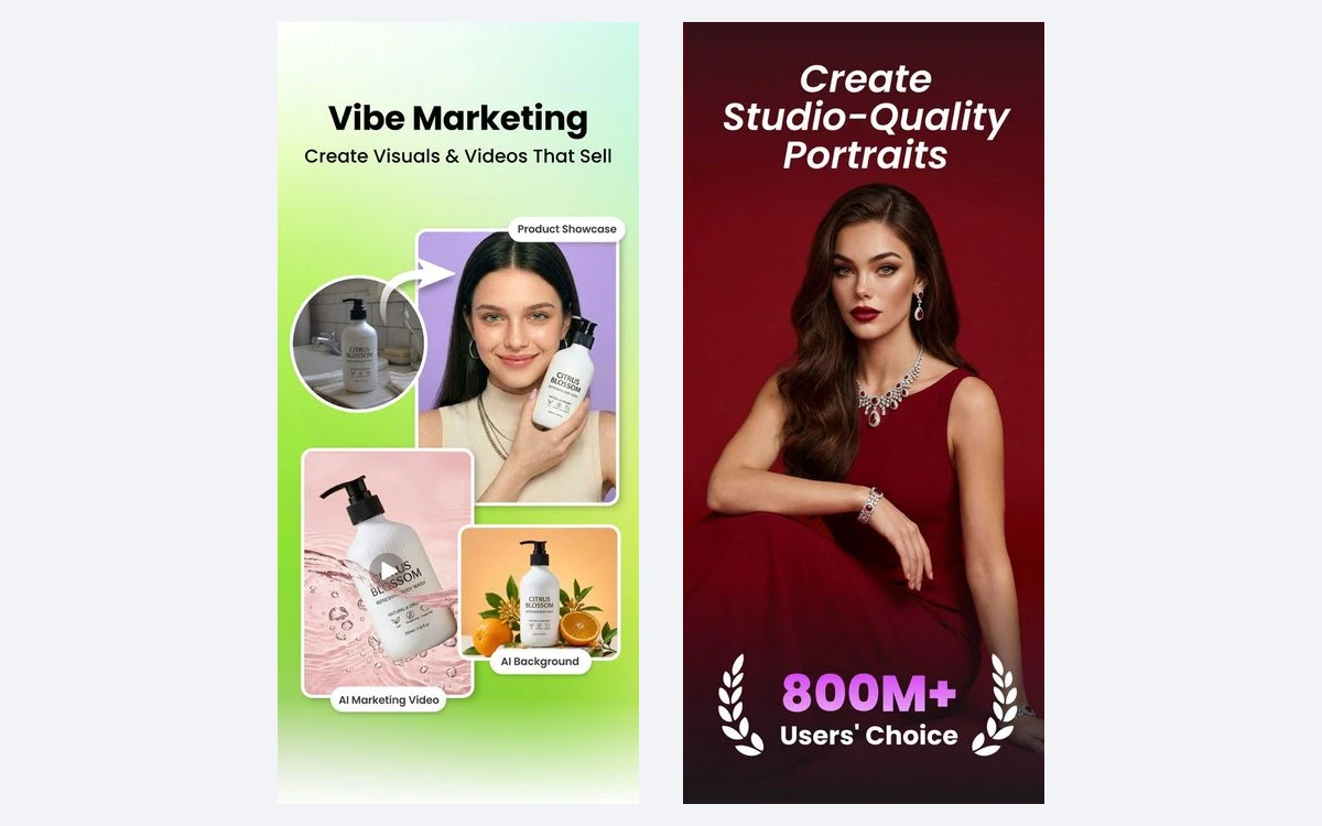 Two Fotor App Store screenshots: Vibe Marketing product visuals and studio-quality AI portraits