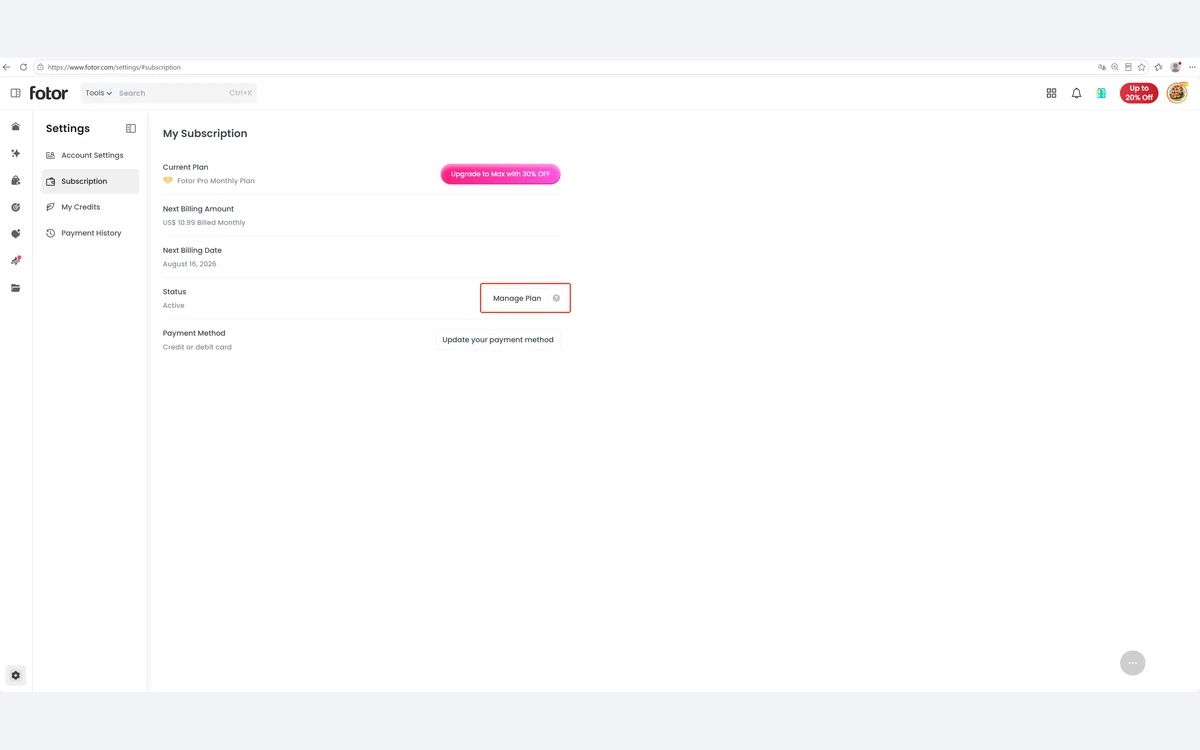 Fotor My Subscription page showing Fotor Pro Monthly Plan billed at US$ 10.99 monthly with an Upgrade to Max button