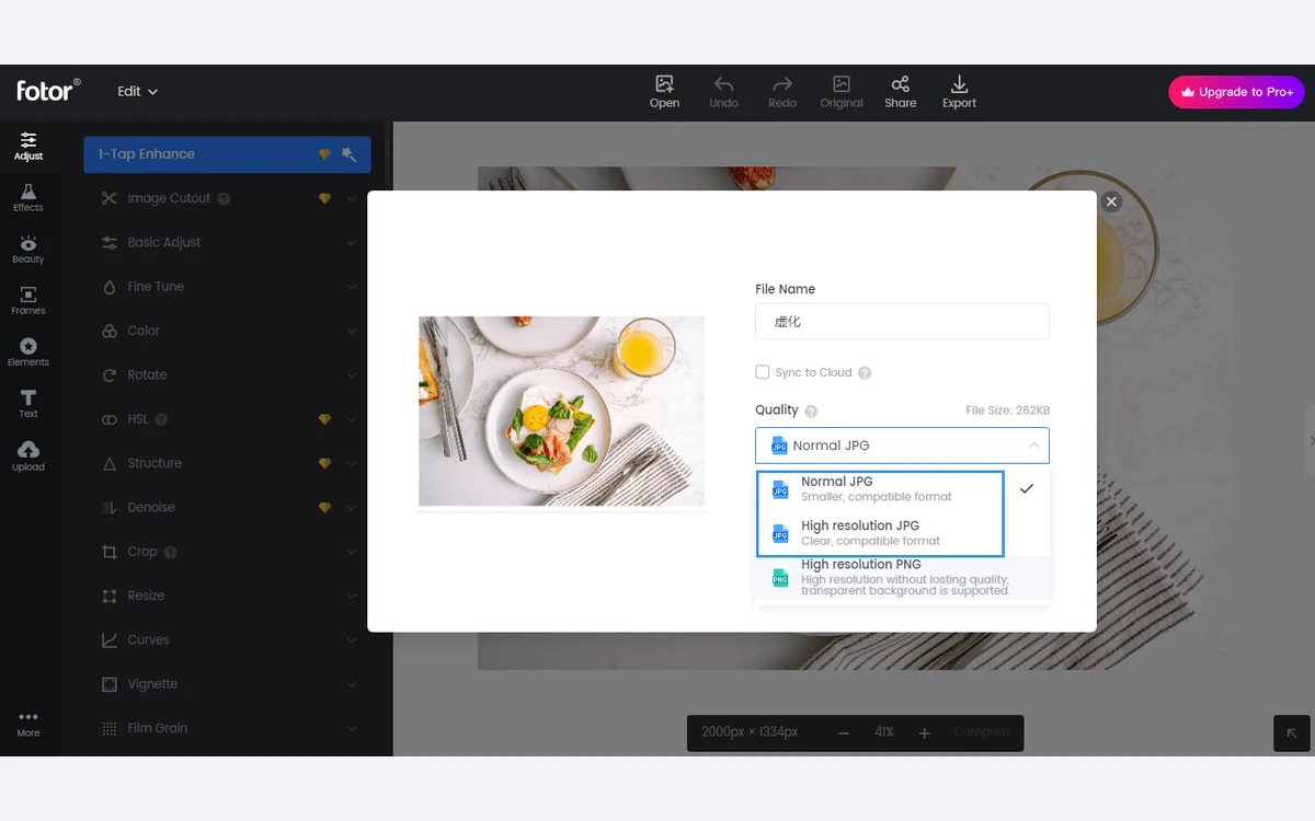 Fotor editor download dialog with quality options Normal JPG, High resolution JPG and High resolution PNG