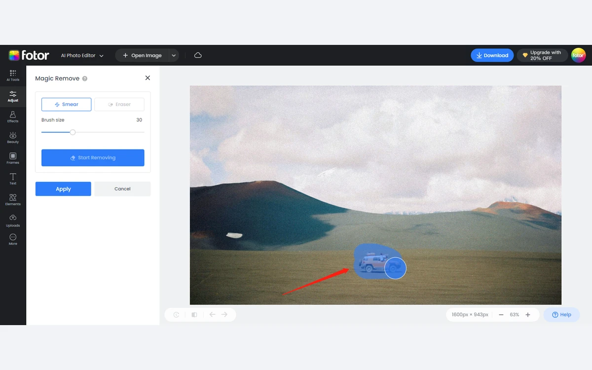 Fotor AI Photo Editor Magic Remove panel brushing over a vehicle in a mountain landscape photo