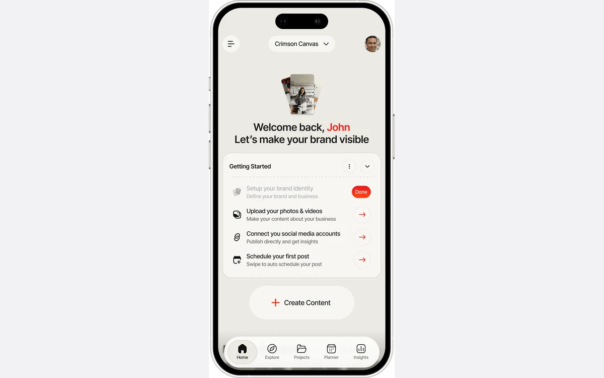 The Munch Studio app interface with a welcome screen and a Create Content button