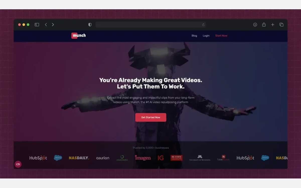 The old GetMunch video repurposing dashboard, showing clip selection from a long video