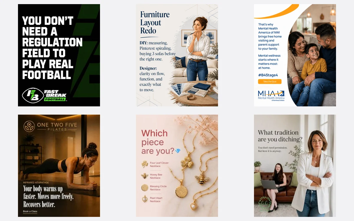 A grid of example social posts generated by Munch Studio for several different brands