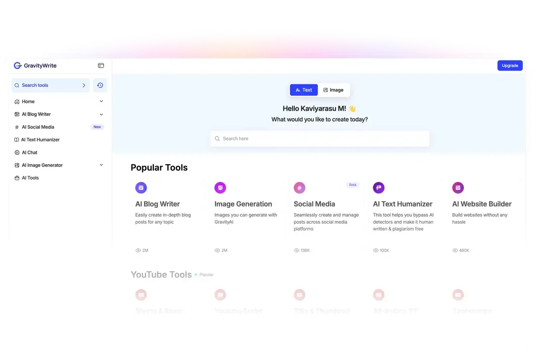 GravityWrite AI content creation dashboard