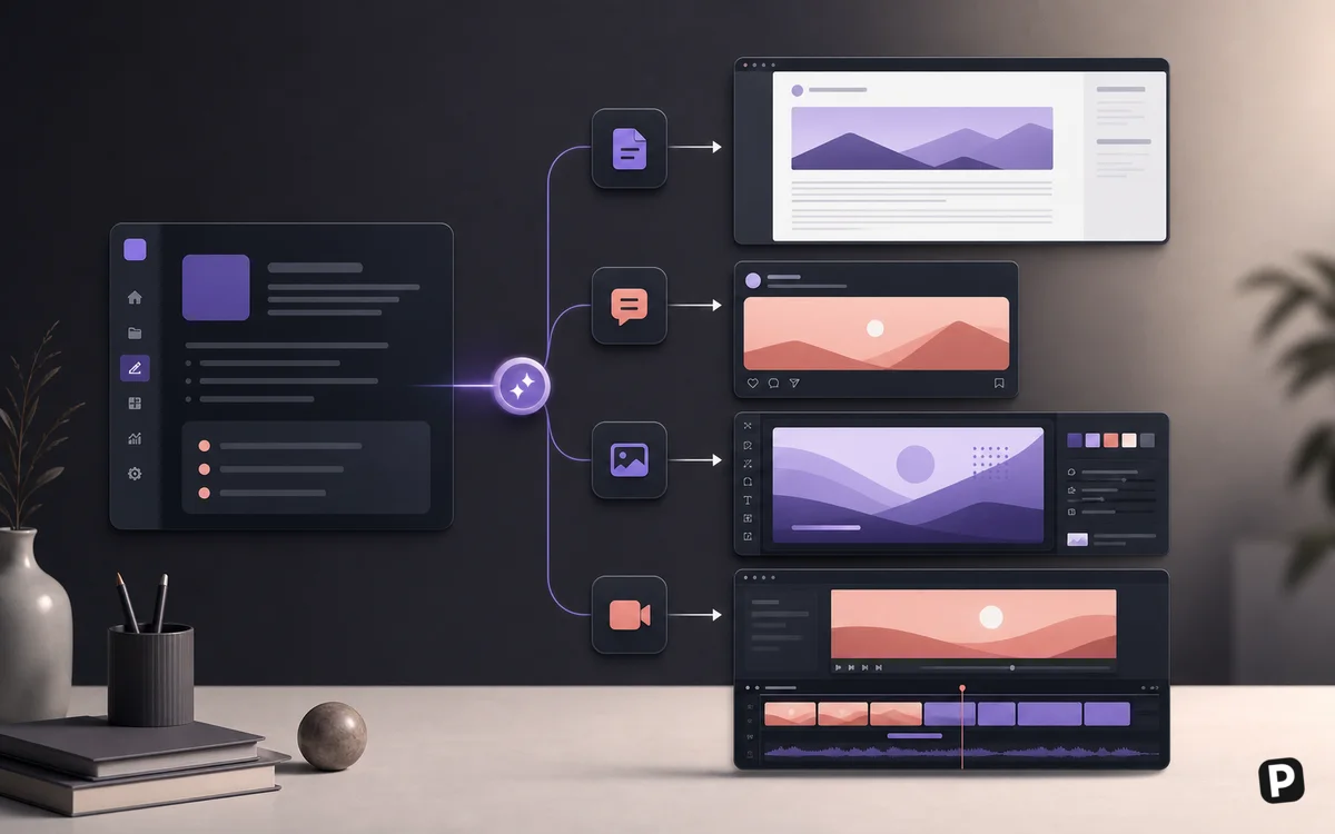 One campaign brief becoming article, social, image, and video deliverables