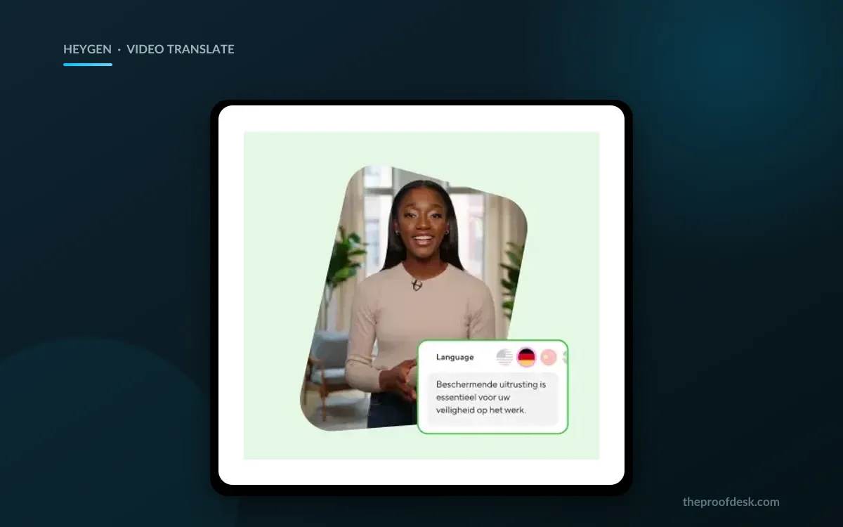 HeyGen Video Translate showing a language selector and a Dutch caption over a presenter clip
