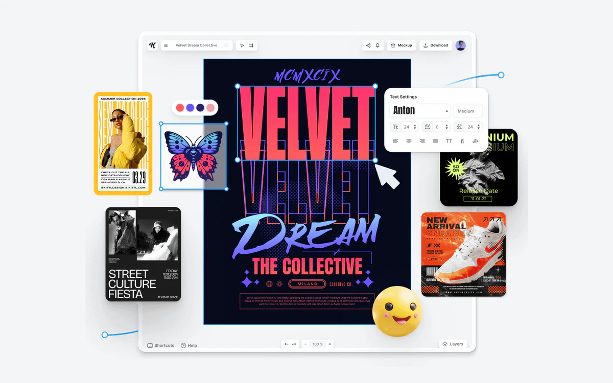 Kittl editor showing a Velvet Dream poster, the Text Settings panel set to the Anton font, Mockup and Download buttons and template cards