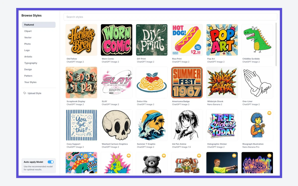 Kittl AI Image Generator Browse Styles panel with style cards labelled ChatGPT Image 2, Nano Banana 2, Nano Banana Pro and ChatGPT Image 1.5