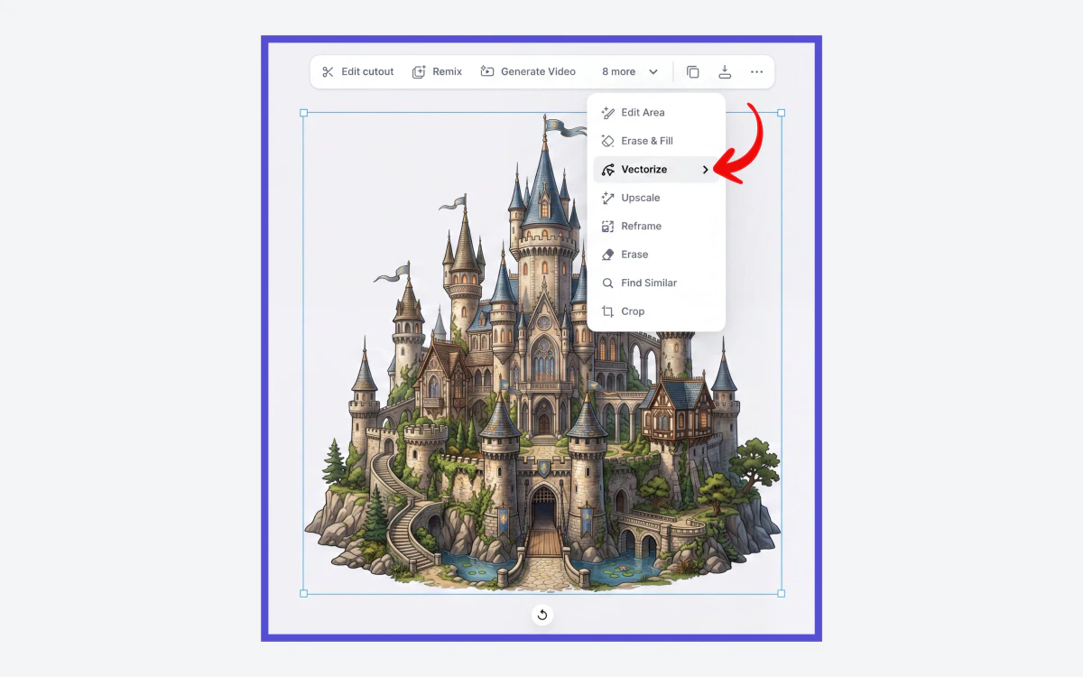 Kittl image context menu with Vectorize highlighted alongside Edit Area, Erase and Fill, Upscale and Reframe
