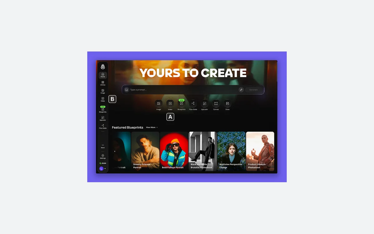 Leonardo.Ai desktop home screen headed Yours to Create, with a prompt box, tool icons, left sidebar and Featured Blueprints strip