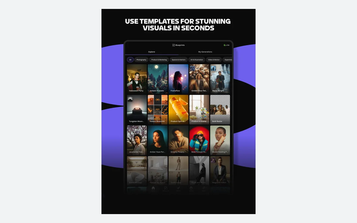 Leonardo.Ai Blueprints gallery on iPad with Explore and My Generations tabs, category filters and a grid of template thumbnails