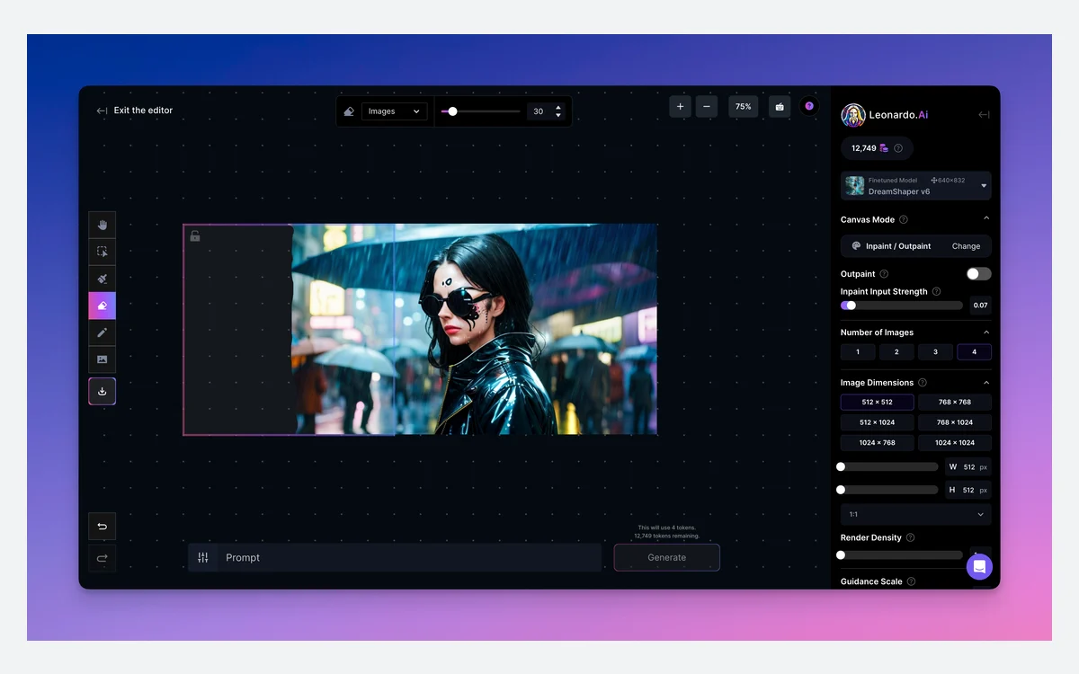 Leonardo.Ai Canvas editor in outpaint mode, with a photo of a woman under an umbrella inside a wider empty frame and the settings sidebar
