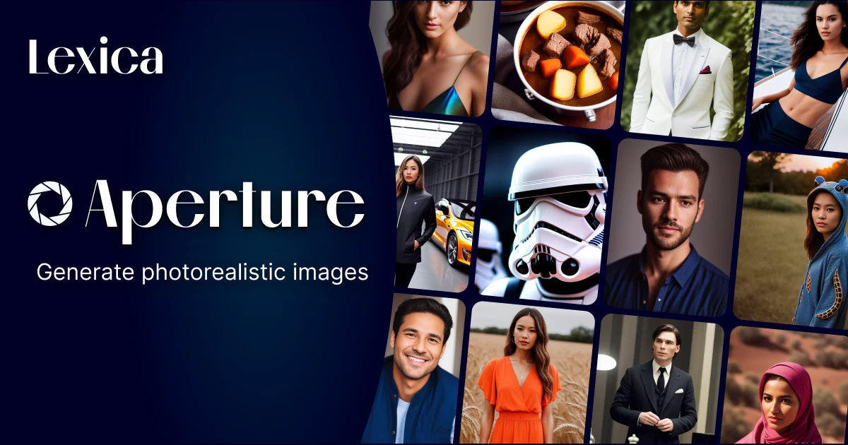 Lexica Aperture promotional card with a grid of photorealistic AI-generated sample images