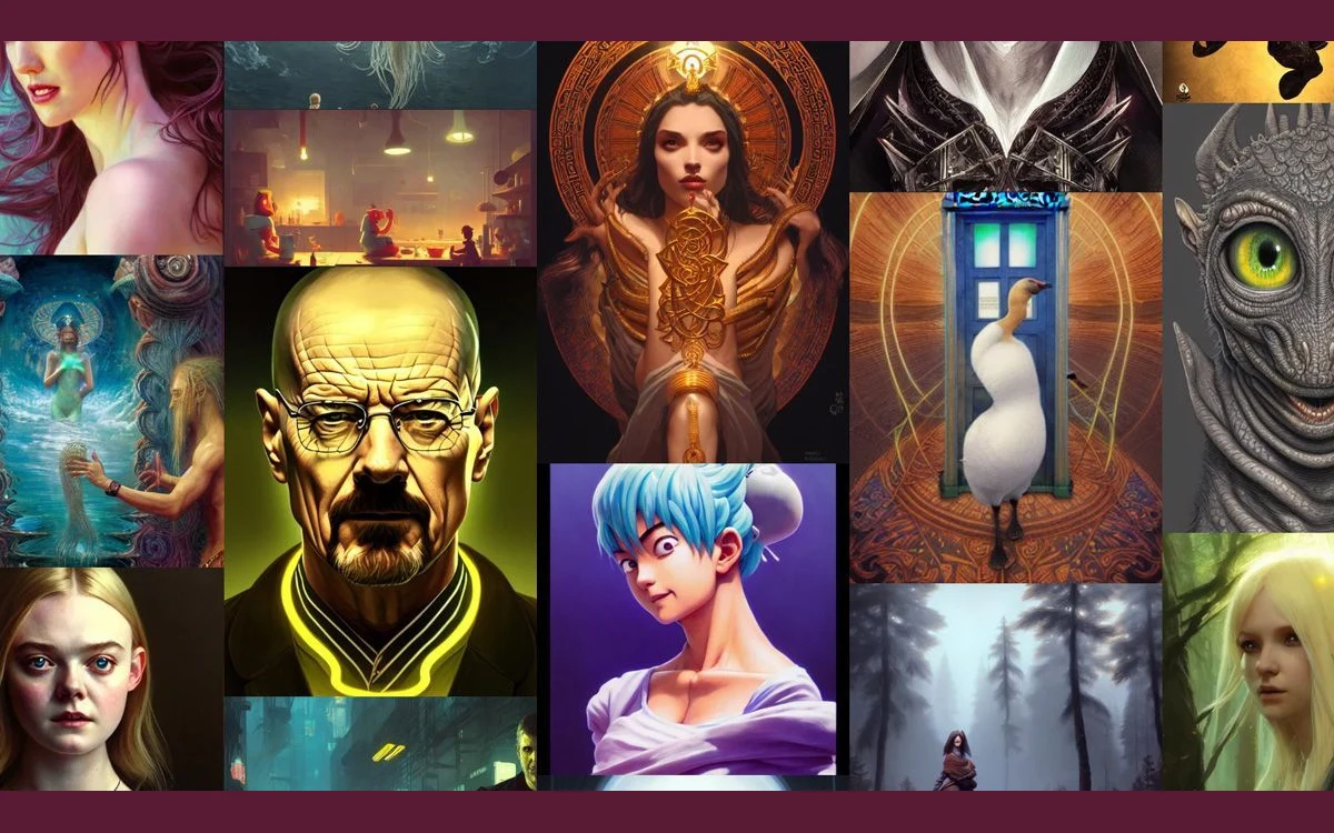 Collage of AI-generated images from the Lexica gallery in a range of styles, from portraits to fantasy scenes