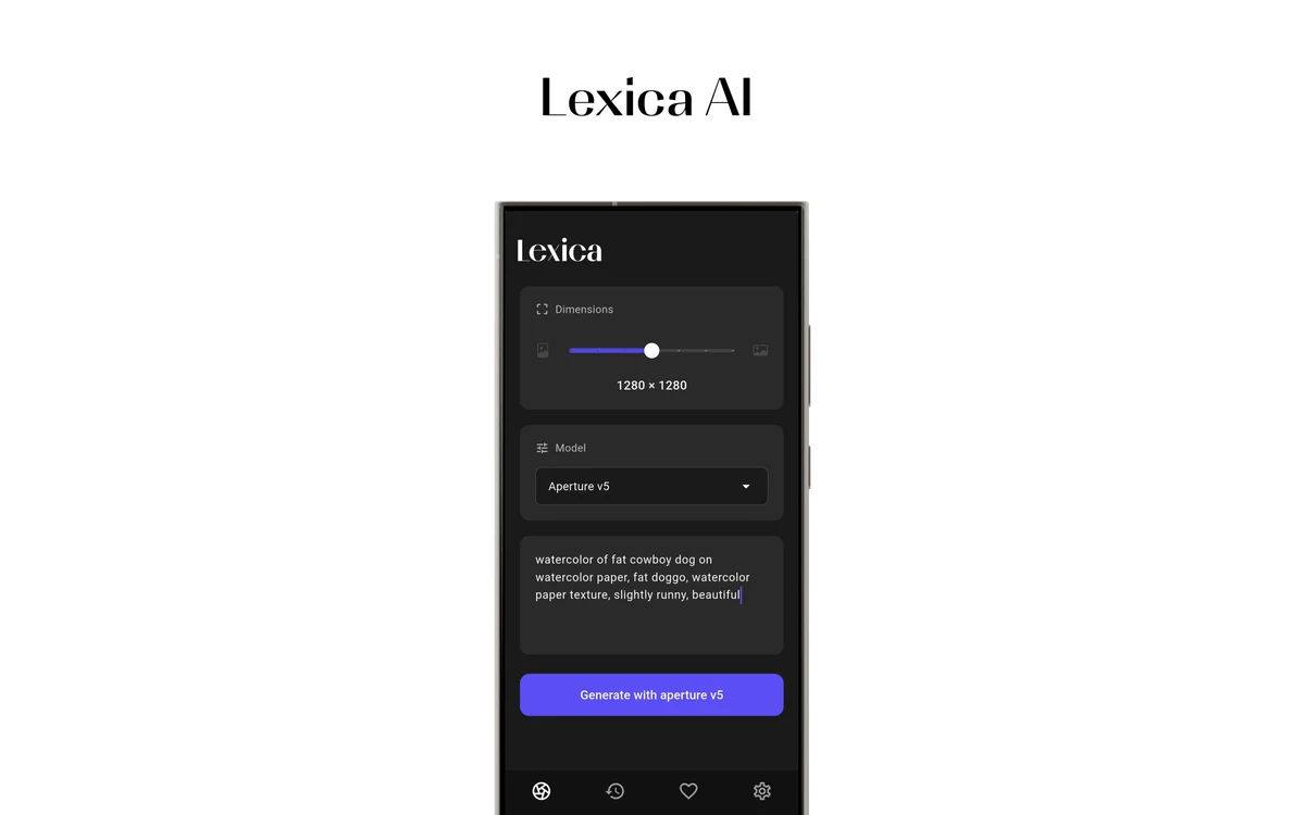 Lexica Android app generator screen with a dimensions slider at 1280x1280, the Aperture v5 model selected, a watercolour prompt and a Generate with aperture v5 button