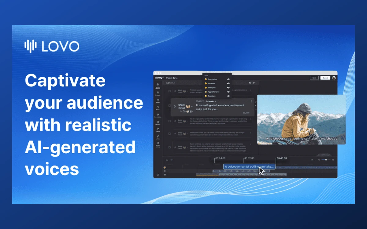 Lovo Genny AI voice studio interface showing speaker blocks, an emotion picker and a timeline editor