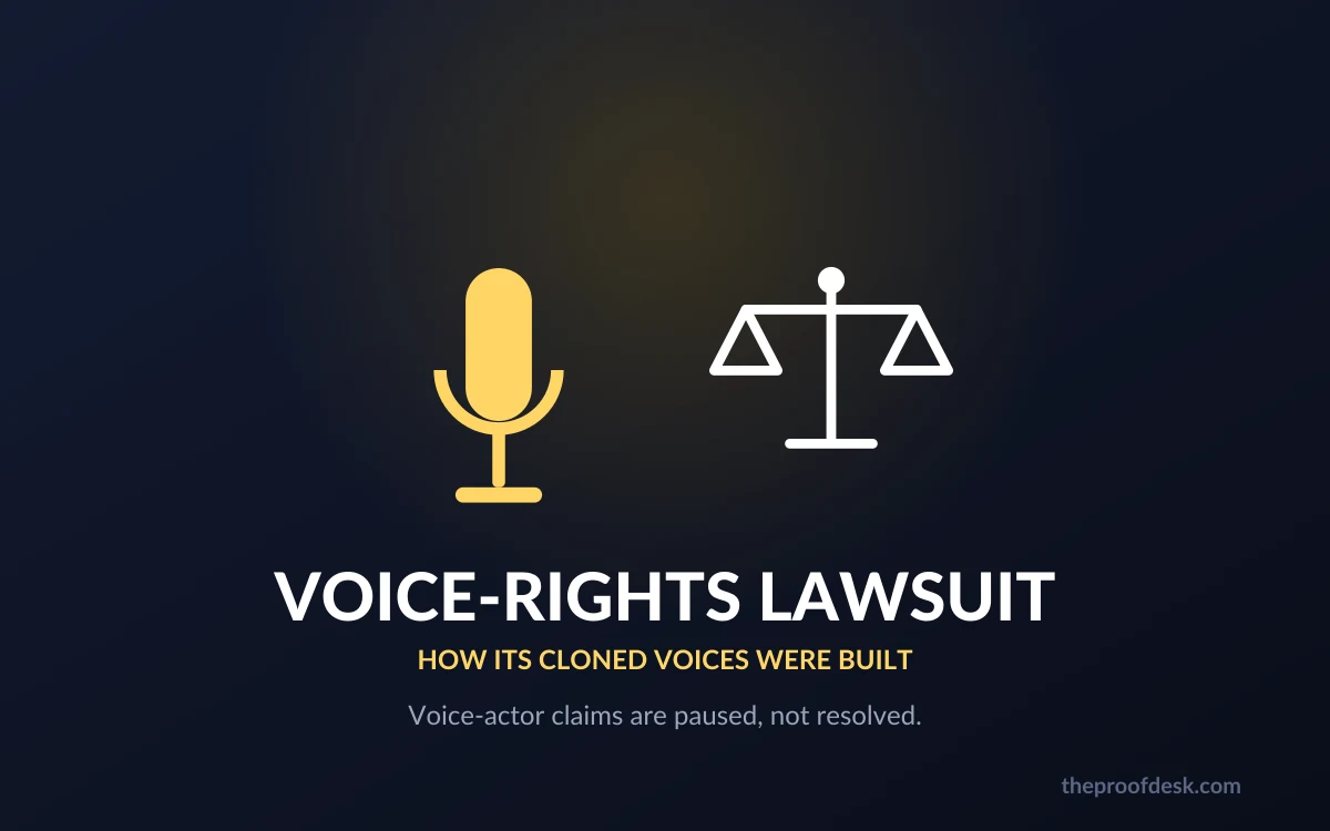 Illustration of a microphone beside the scales of justice with text about a voice-rights lawsuit whose claims are paused, not resolved