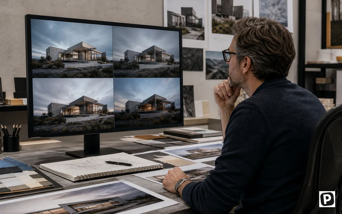 Creative director comparing AI-generated architectural variations
