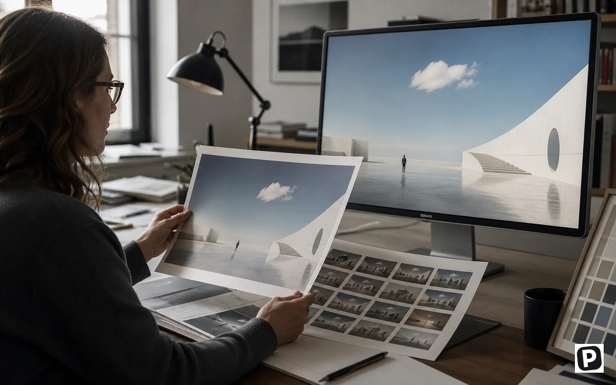 Designer reviewing an AI-assisted image against proofs and references