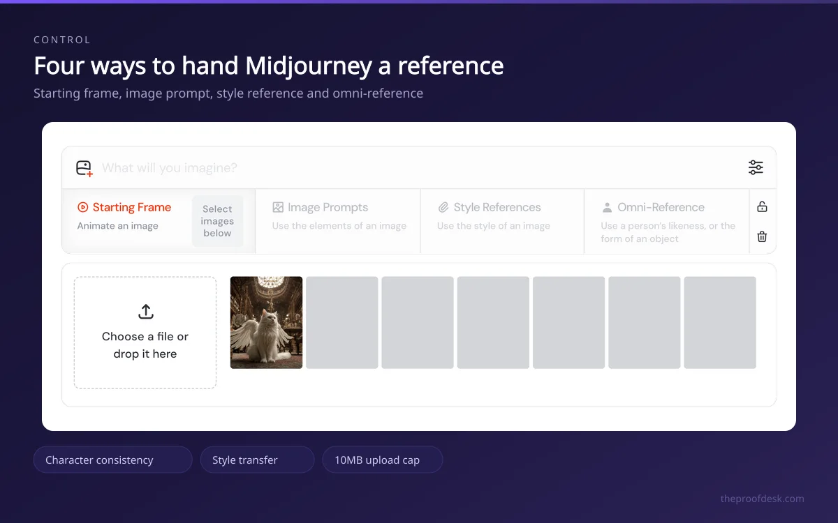 Midjourney reference panel with tabs for starting frame, image prompts, style references and omni reference above an upload tray