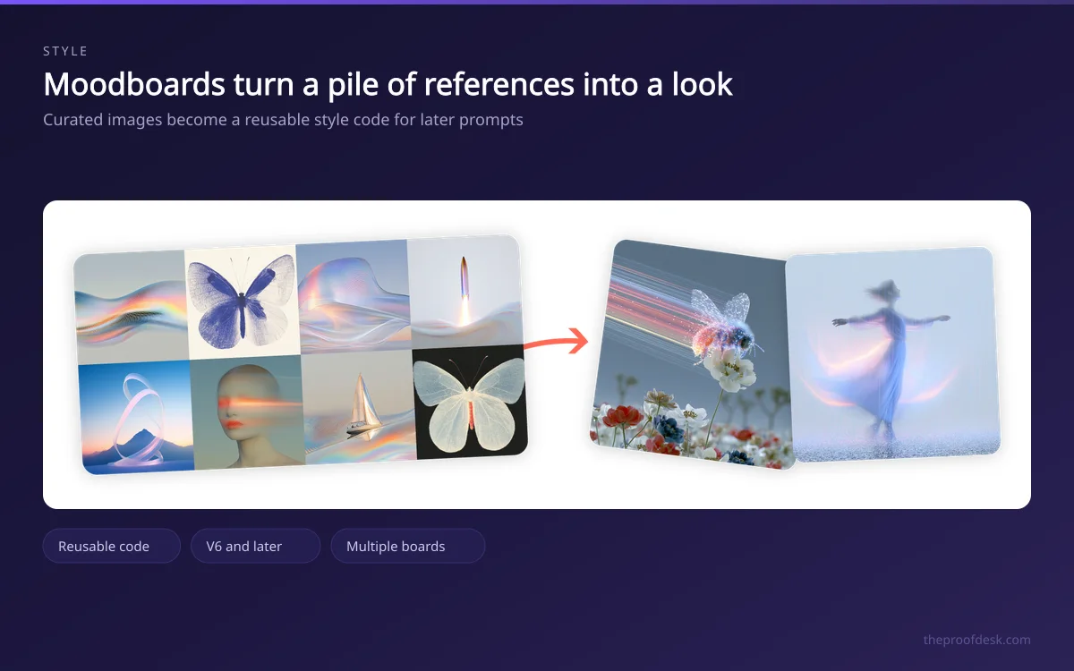A grid of curated reference images on the left producing two stylistically matched generated images on the right