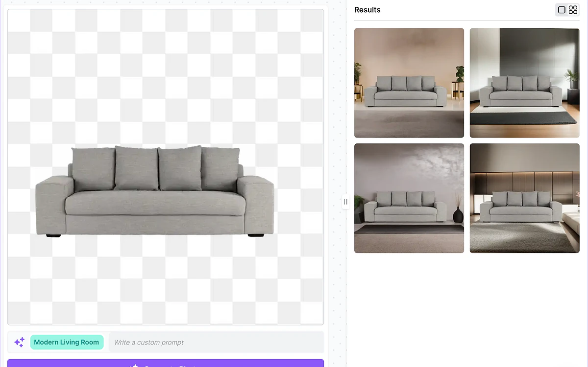 Mokker editor with a sofa cut-out on the canvas, a Modern Living Room preset, a custom prompt field and a grid of four generated room scenes