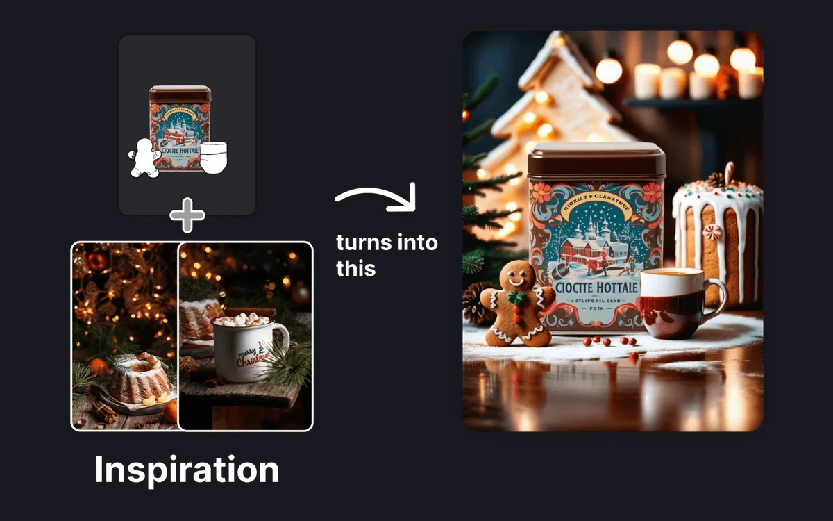 Mokker Moodboard example turning a product and several inspiration photos into a Christmas-themed product scene