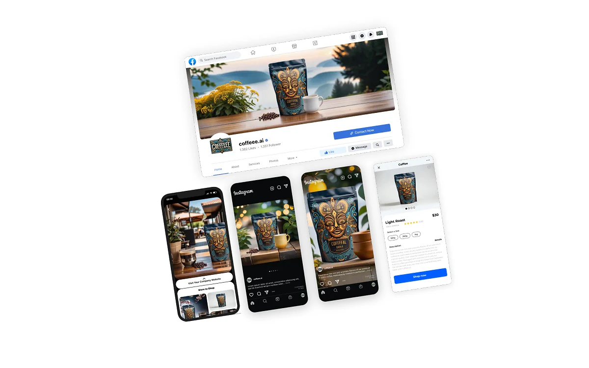 Mokker Resize mockup showing one coffee bag product image adapted to Facebook, Instagram and online shop layouts