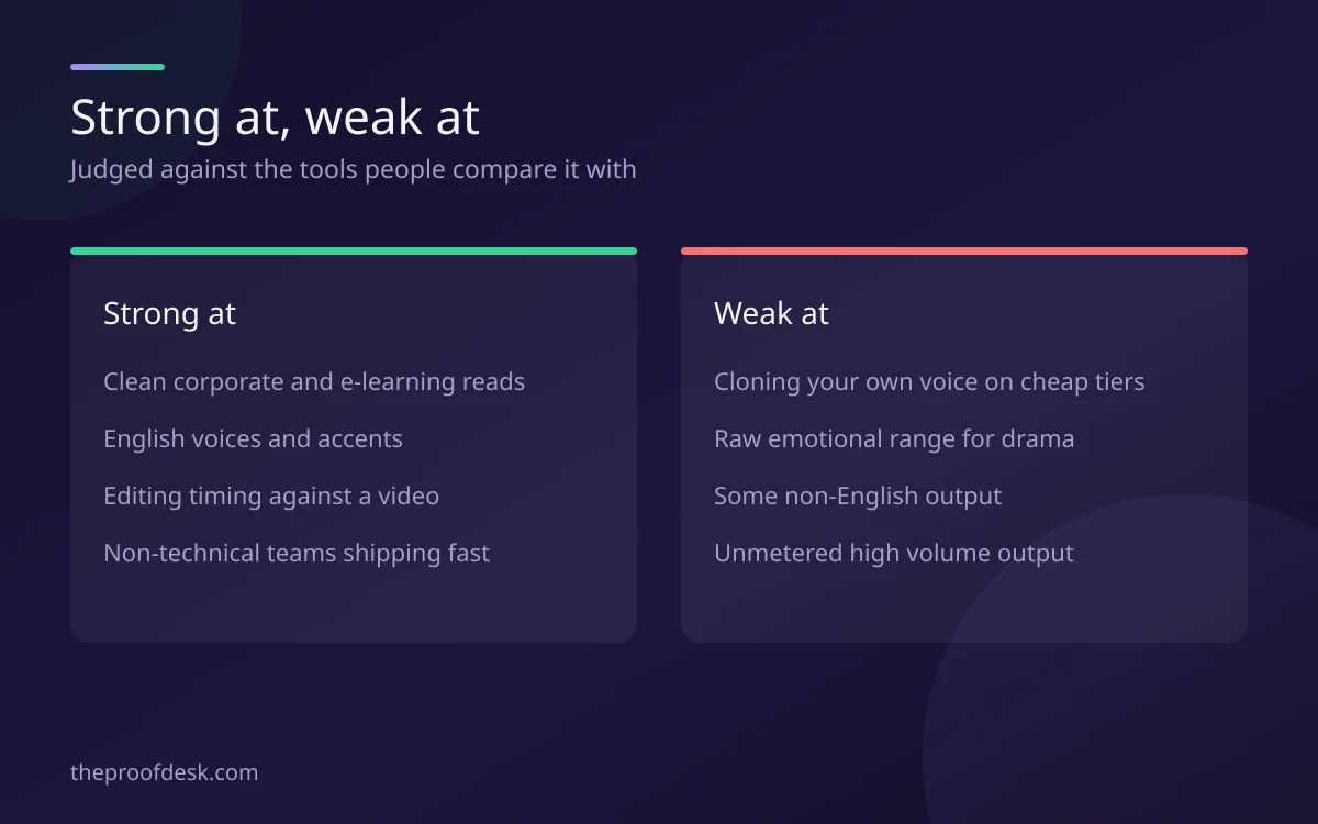 Two columns comparing what Murf handles well against its weaker areas