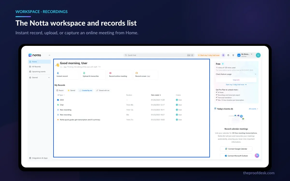 Notta web workspace Home view with instant record, upload and record-online-meeting actions, the My Records list and a free-plan usage panel
