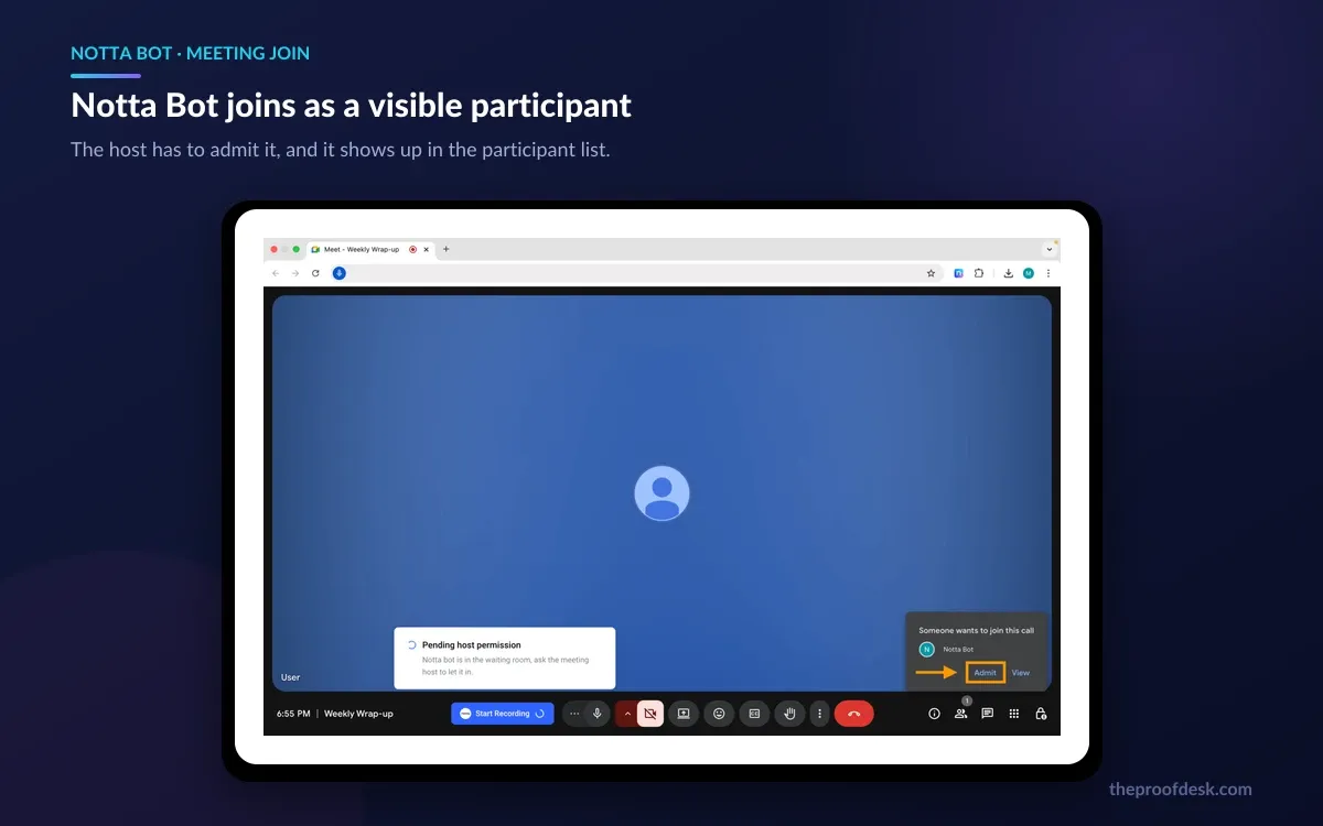Google Meet call showing Notta Bot pending host permission in the waiting room, with an admit prompt naming Notta Bot