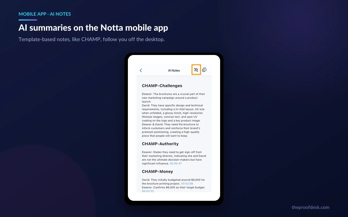 Notta mobile app showing an AI Notes summary built from the CHAMP template, with timestamped lines