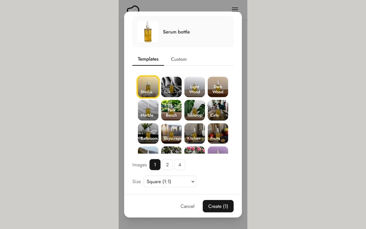 Pebblely app template picker with Templates and Custom tabs, theme tiles such as Studio, Marble and Cafe, image count 1, 2 or 4, size Square and a Create button