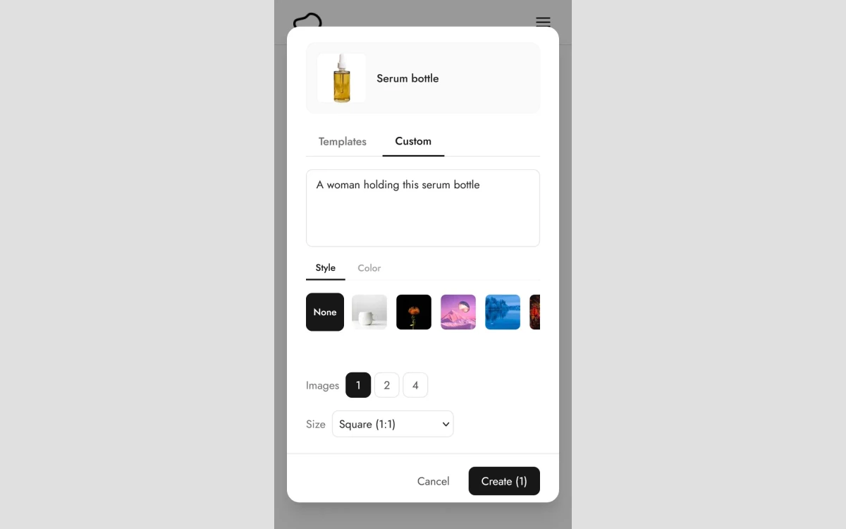Pebblely Custom tab with the prompt "A woman holding this serum bottle" and Style and Color options below it