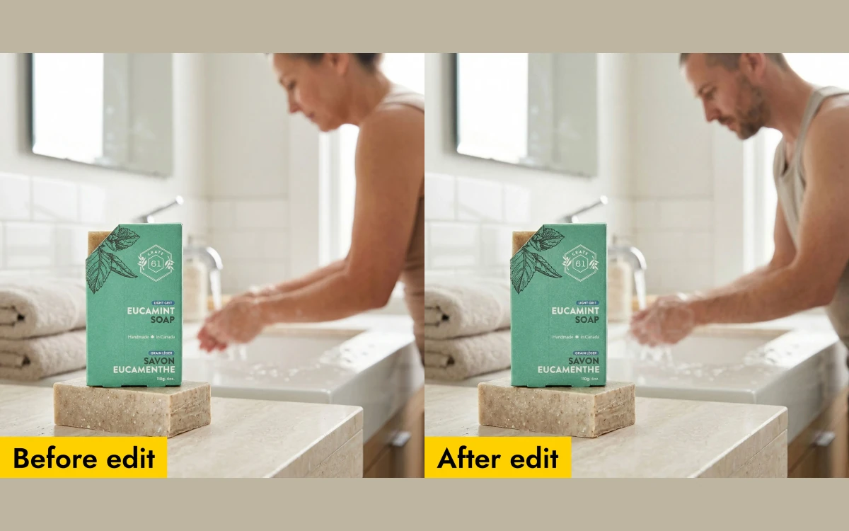 Before and after comparison of a soap box by a sink, with a woman in the background before the edit and a man after it