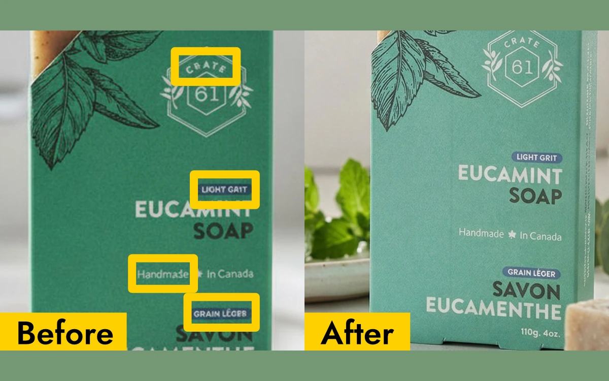 Soap label before and after: garbled lettering marked in yellow on the left, the correct label text on the right