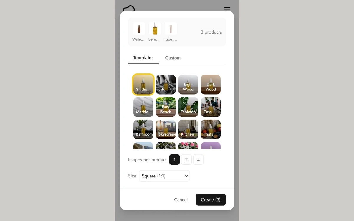 Pebblely bulk generation screen showing 3 products selected, an Images per product setting and a Create (3) button