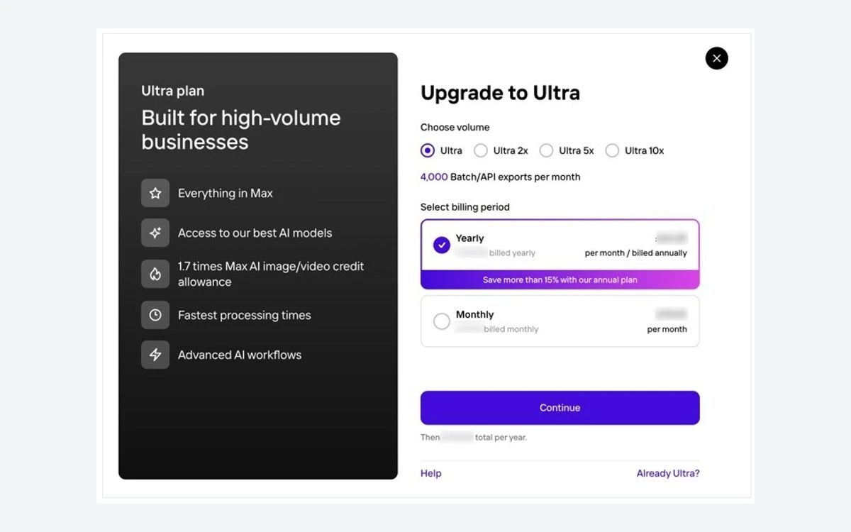 Photoroom Upgrade to Ultra dialog showing volume tiers and a monthly or yearly toggle