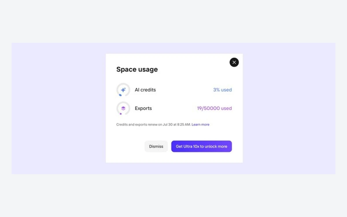 Photoroom web app Space usage panel showing AI credits used, exports used and the renewal date