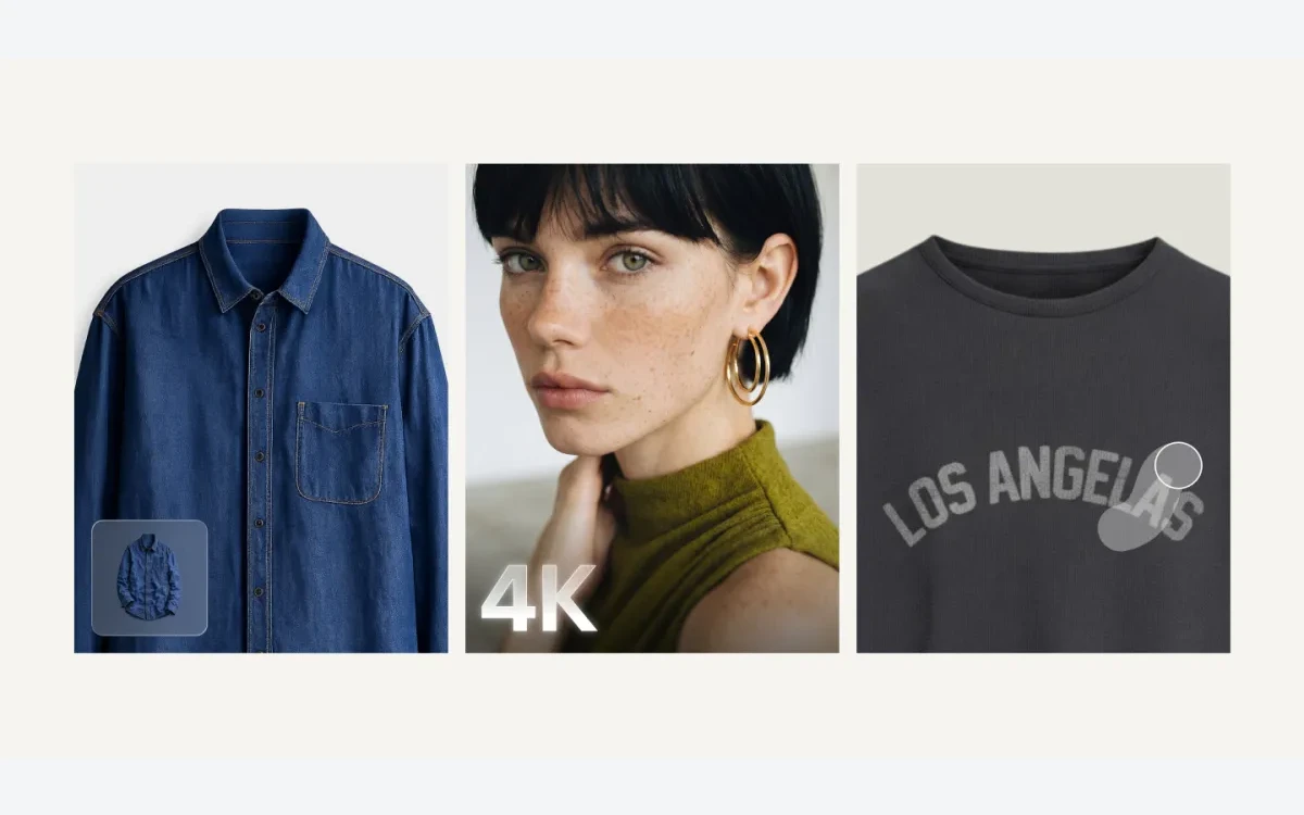 Photoroom AI Product Fixer examples on a denim shirt, a model portrait and a graphic tee
