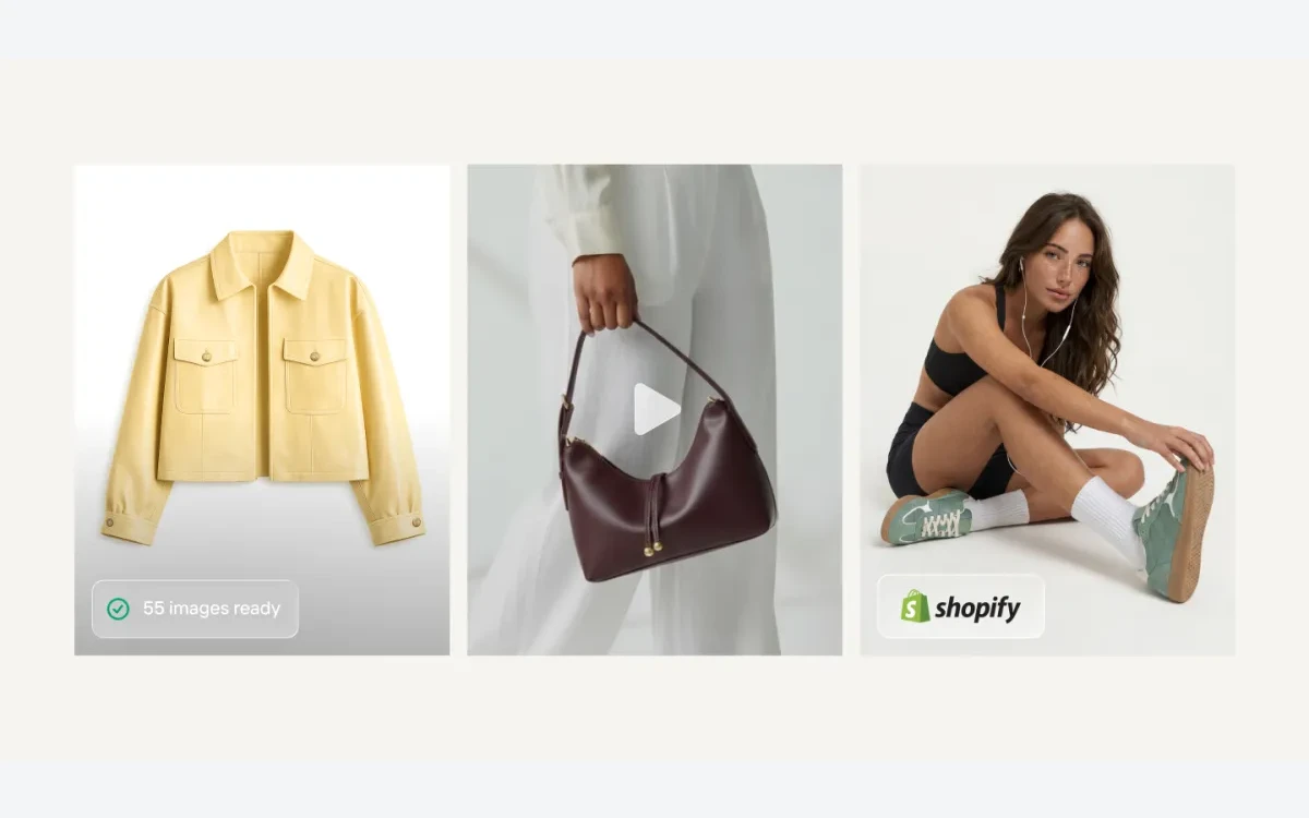 Photoroom batch mode showing 55 images ready, a video generator frame and a Shopify badge