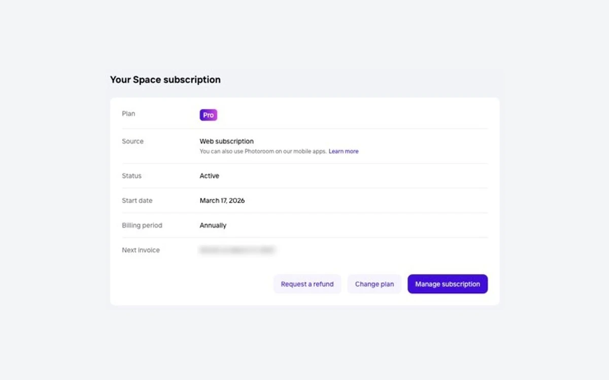Photoroom Your Space subscription screen showing a Pro plan with Web subscription as the source and a Request a refund button