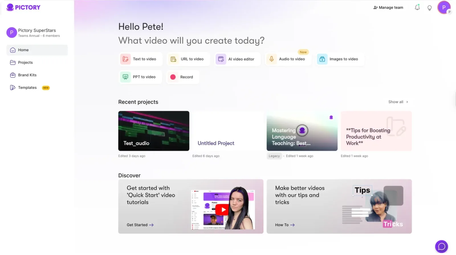 Pictory AI video creation dashboard