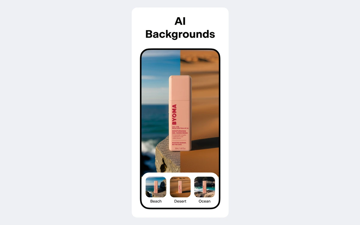 Pixelcut AI Backgrounds tool placing a cosmetics bottle in beach, desert and ocean scenes