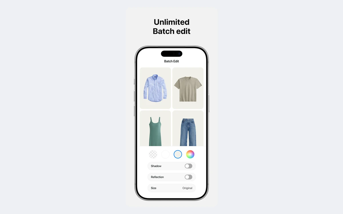 Pixelcut batch editor applying the same background edit to a set of product photos